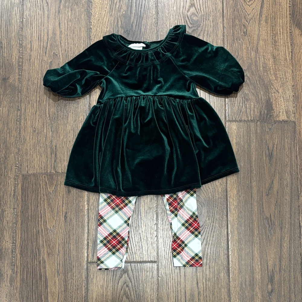Green Velvet Dress with Plaid Leggings